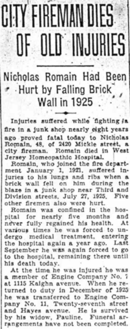 City Fireman Died of Old Injuries — Camden Evening Courier May 11 1933