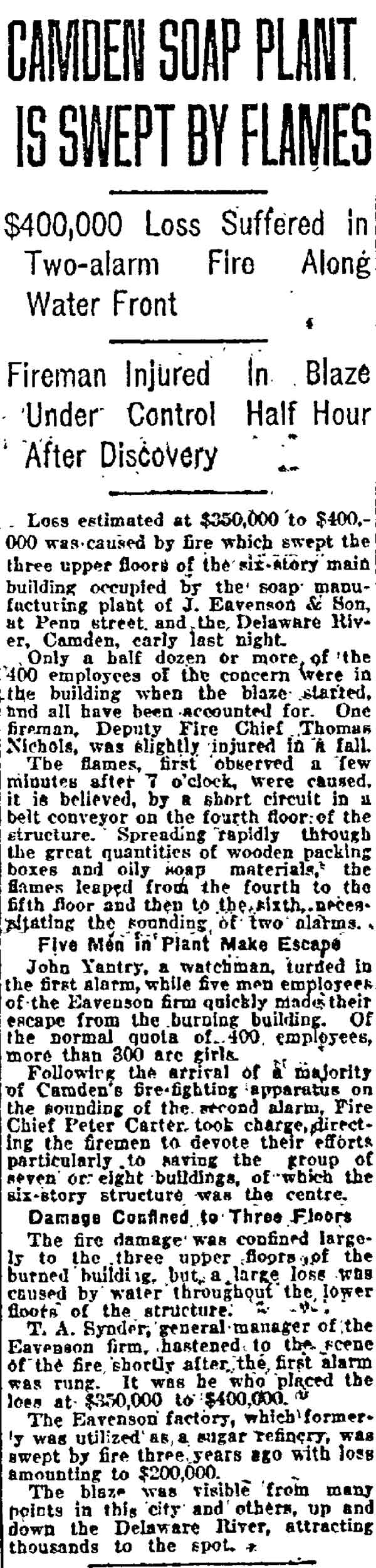Camden Soap Plant Is Swept by Flames — Philadelphia Inquirer, October 21, 1922