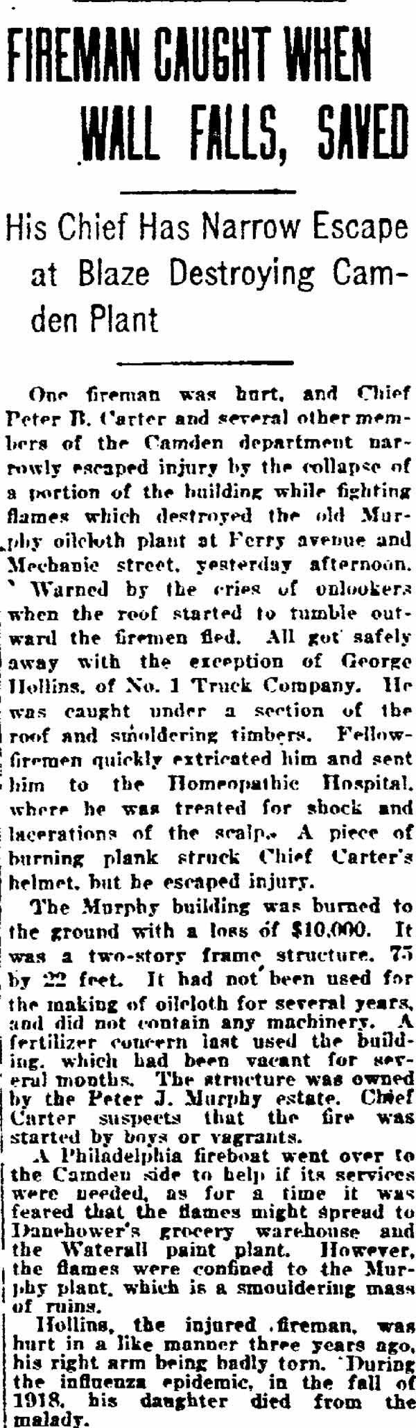 Fireman Caught When Wall Falls, Saved, Philadelphia Inquirer, October 24 1920