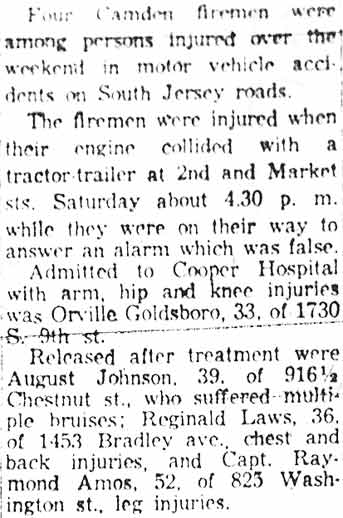 Newspaper article body about four Camden firemen injured in collision