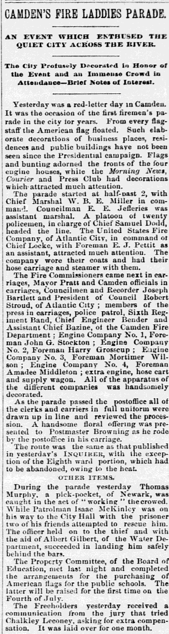 Philadelphia Inquirer June 12, 1890 - Camden's Fire Laddies Parade, complete article