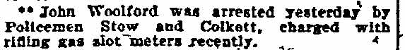 Philadelphia Inquirer, February 13, 1906 — John Woolford arrested for rifling gas meters