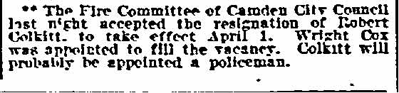 Philadelphia Inquirer, March 23, 1905 — Wright Cox appointed fireman