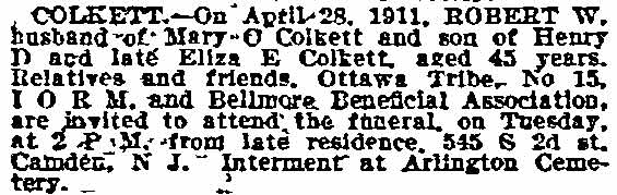 Philadelphia Inquirer, May 2, 1911 — death notice for Robert W. Colkett