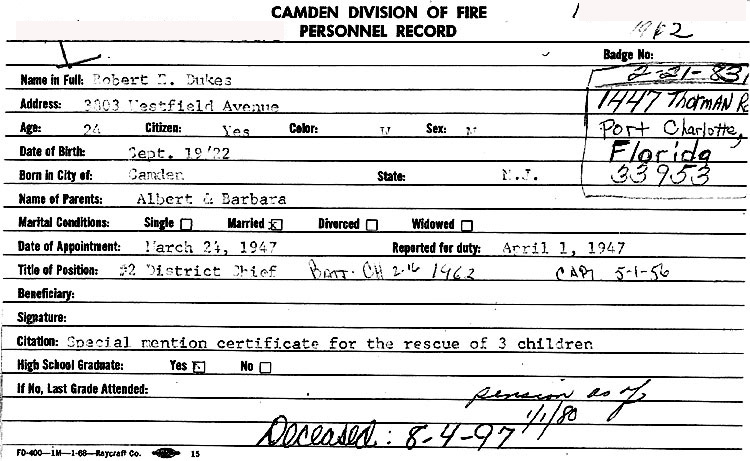 Camden Division of Fire Personnel Record for Robert E. Dukes
