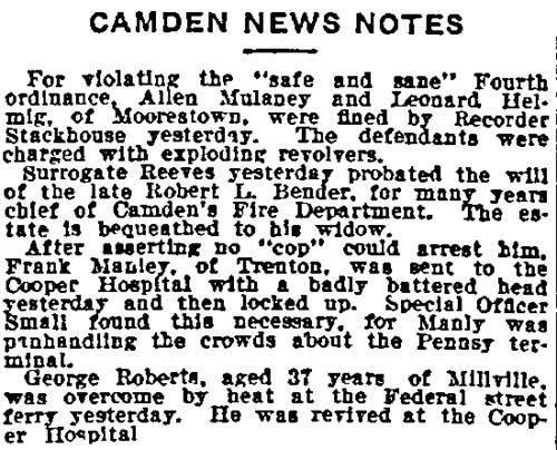 Philadelphia Inquirer July 6, 1913 - Camden News Notes, probating of Robert S. Bender's will