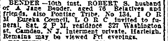 Philadelphia Inquirer July 12, 1912 - Death notice for Robert S. Bender, aged 76