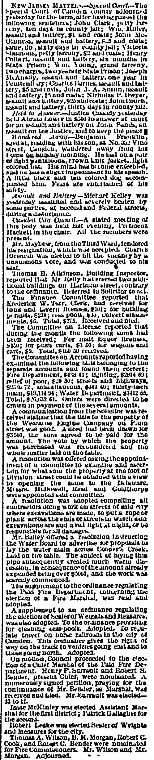 Philadelphia Public Ledger September 27, 1872 — New Jersey Matters, Camden Fire Department