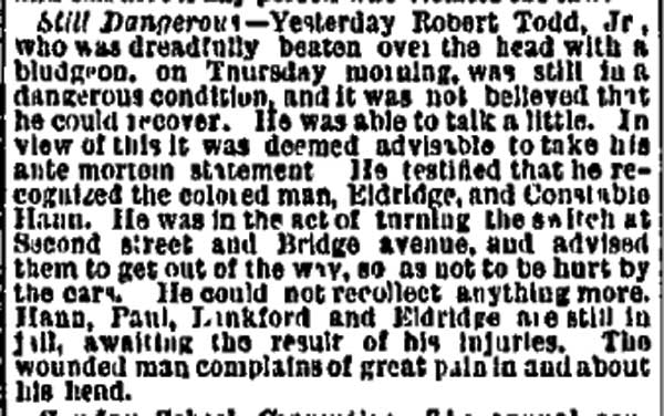 Philadelphia Inquirer clipping dated November 6, 1875, reporting that Robert Todd Jr. was still in dangerous condition after being beaten