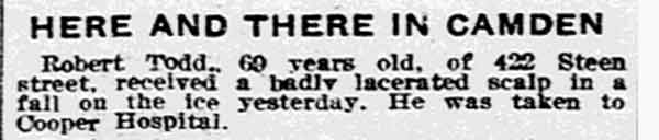 Philadelphia Inquirer clipping dated December 13, 1917, noting that Robert Todd, 69, received a lacerated scalp in a fall from a Market Street car