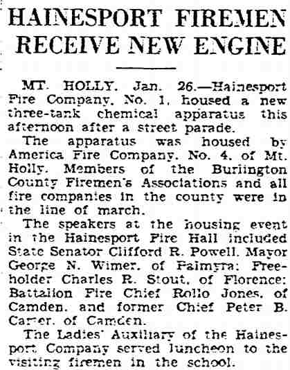 Hainesport Firemen Receive New Engine — Trenton Evening Times, January 27, 1929