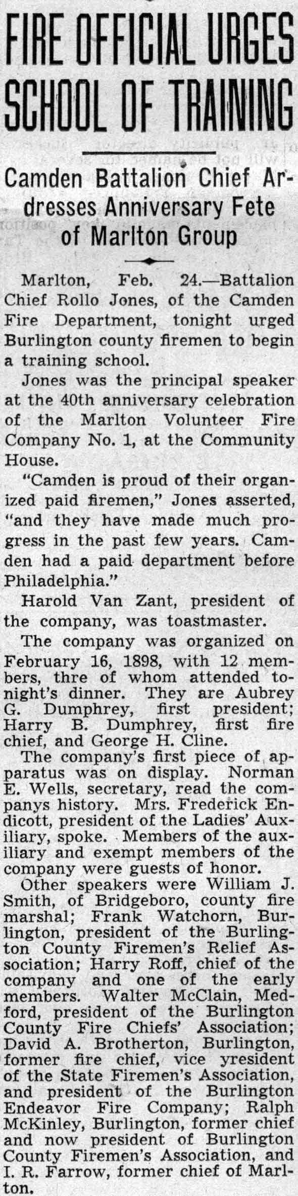 Fire Official Urges School of Training — Camden Courier-Post, February 25, 1938