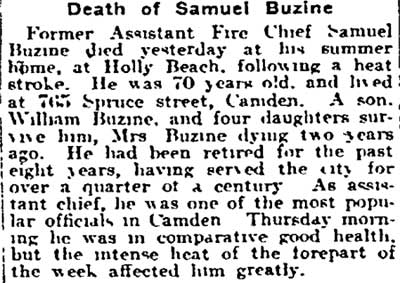 Philadelphia Inquirer, August 6, 1917 — Samuel S. Buzine obituary