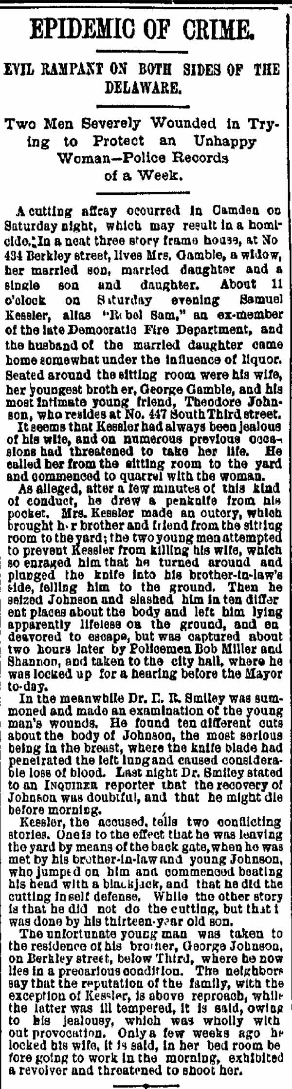 Samuel Kesler article, Philadelphia Inquirer, June 6, 1887