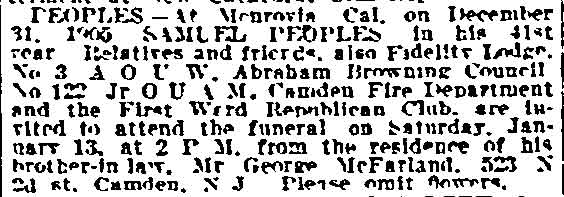 Philadelphia Inquirer January 12, 1906 — Peoples death notice