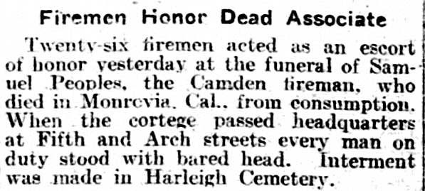 Philadelphia Inquirer January 14, 1906 — Firemen Honor Dead Associate