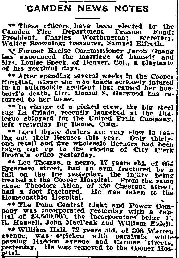 Camden News Notes, Philadelphia Inquirer, January 11, 1910