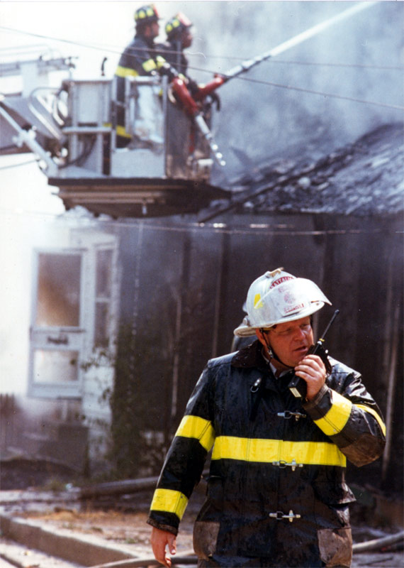 Battalion Chief Skip Stinger at a Second Alarm residential fire, North 29th Street and Garfield Avenue, Cramer Hill, 1988