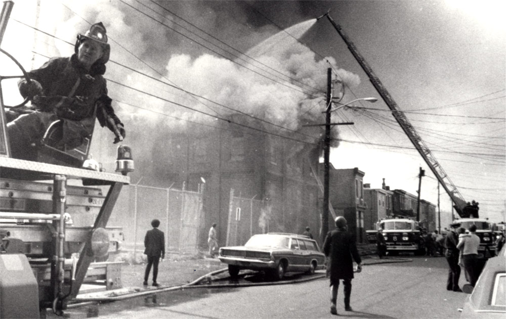 Fire scene at Spruce Street, October 9, 1973, Camden Fire Department