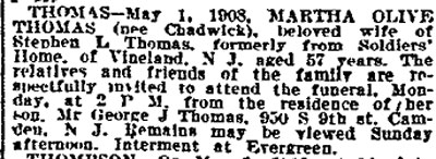 Thomas obituary, Philadelphia Inquirer, May 3, 1908