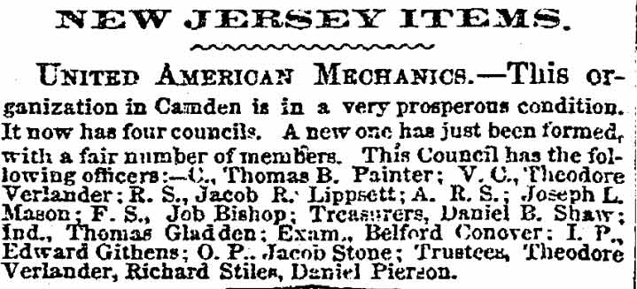 Philadelphia Public Ledger clipping dated April 14, 1868, reporting on a new United American Mechanics council in Camden with Theodore Verlander as Vice Chancellor and Trustee