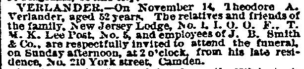 Philadelphia Inquirer death notice dated November 16, 1889, announcing the death of Theodore A. Verlander, aged 52, and listing survivors including New Jersey Lodge No. 1 I.O.O.F. and T.M.K. Lee Post No. 5 G.A.R.
