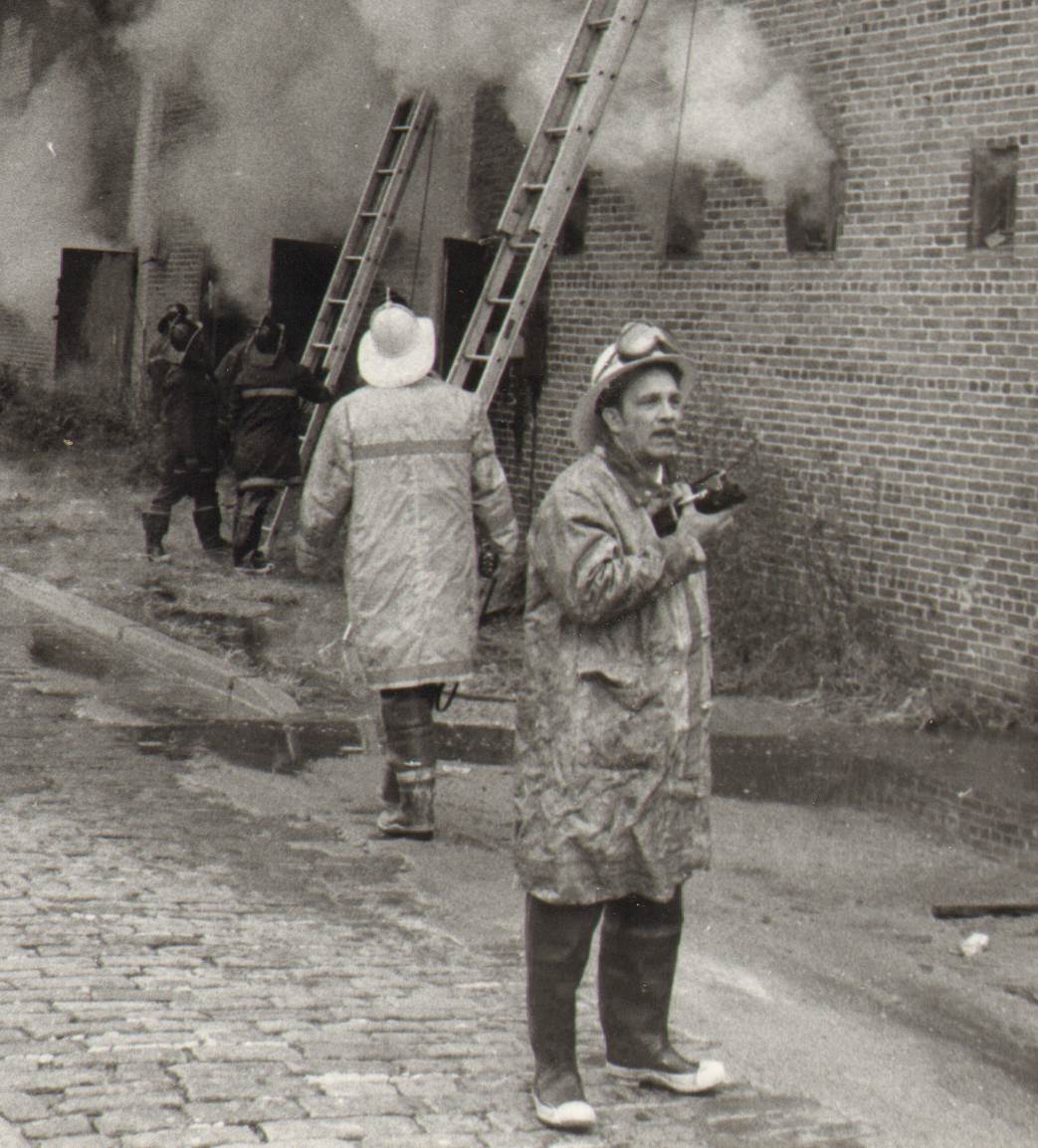 Acting Chief Theodore Primas at a fire scene, November 5, 1973