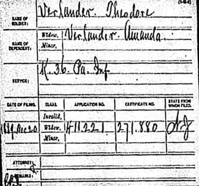 Civil War pension index card for Theodore Verlander, Company K, 36th Pennsylvania Infantry, showing widow Amanda Verlander's pension application