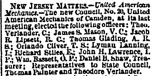 Philadelphia Public Ledger clipping dated July 3, 1868, reporting that Council No. 20 of the United American Mechanics of Camden elected Theodore Verlander as Chancellor