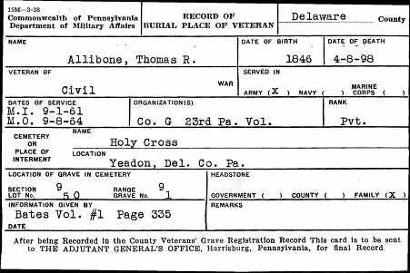 Record of Burial Place of Veteran — Thomas Allibone, Commonwealth of Pennsylvania Department of Military Affairs