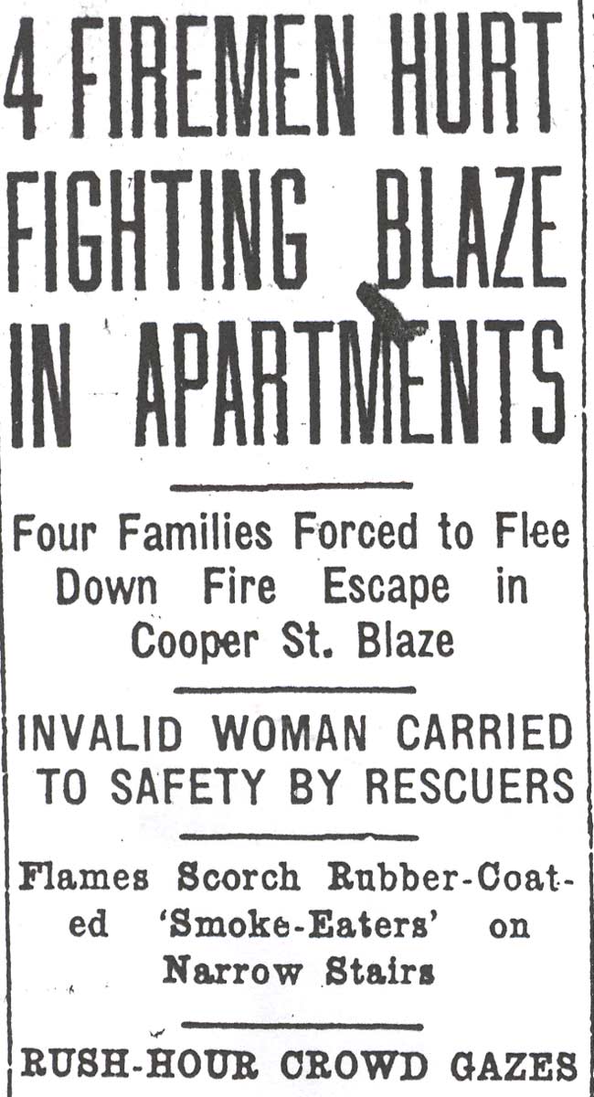 Camden Courier, May 22, 1925 — 4 Firemen Hurt Fighting Blaze in Apartments, headline