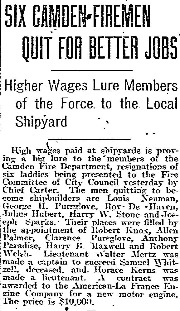 Six Camden Firemen Quit for Better Jobs — Philadelphia Inquirer, March 23, 1918