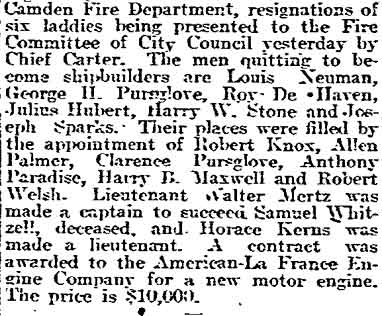 Six Camden Firemen Quit for Better Jobs — Philadelphia Inquirer, March 23, 1918, page 2 (PDF)