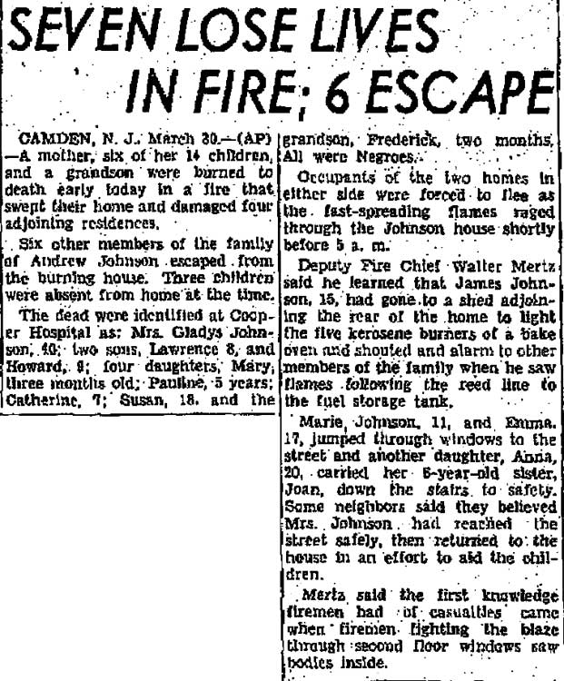 Uniontown Morning Herald, March 31, 1947 — Seven Lose Lives in Fire; 6 Escape