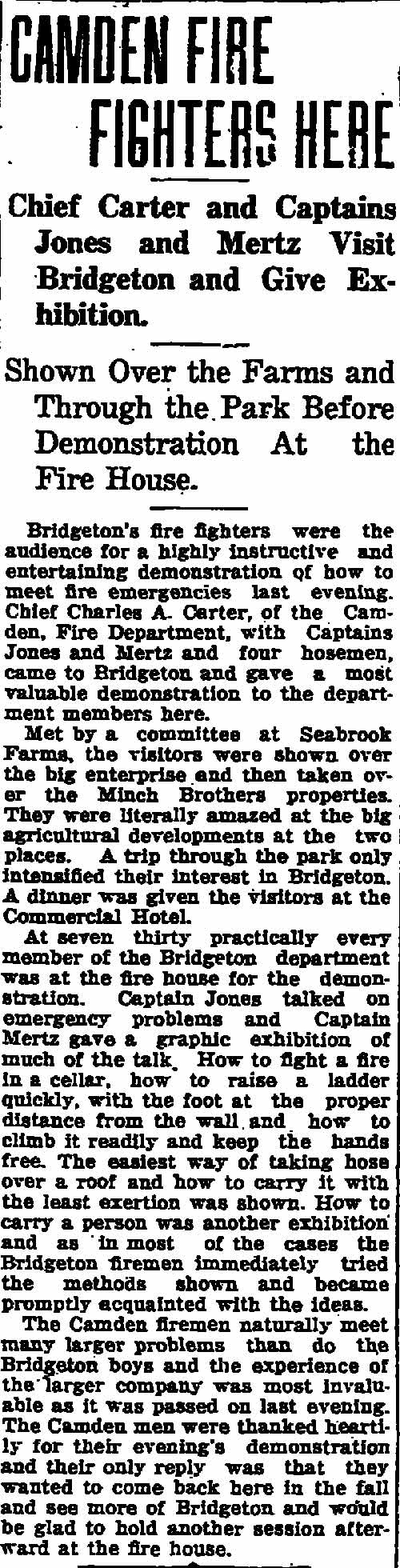 Bridgeton Evening News, June 13, 1922 — Camden Fire Fighters Here