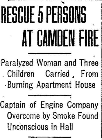 Rescue 5 Persons at Camden Fire — Philadelphia Inquirer, June 27, 1920 (column 1)