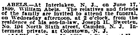 Philadelphia Inquirer, June 21, 1899 — Death notice for William Abels