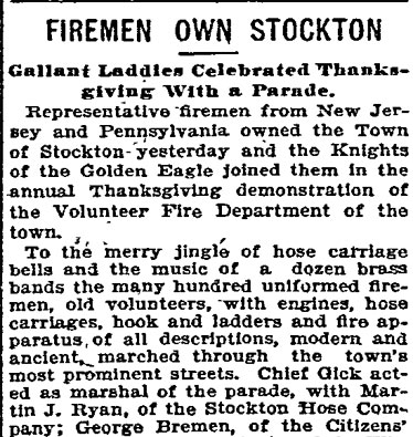 Philadelphia Inquirer, November 26, 1897 — Firemen Own Stockton, part 1