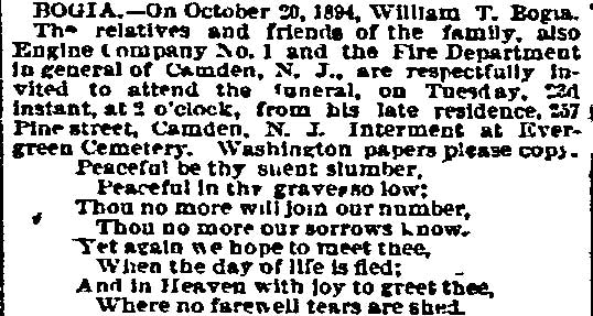 William Bogia obituary notice, Philadelphia Inquirer, October 23, 1894