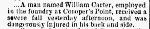 Philadelphia Inquirer clipping, August 25, 1874, reporting on William Carter's workplace injury