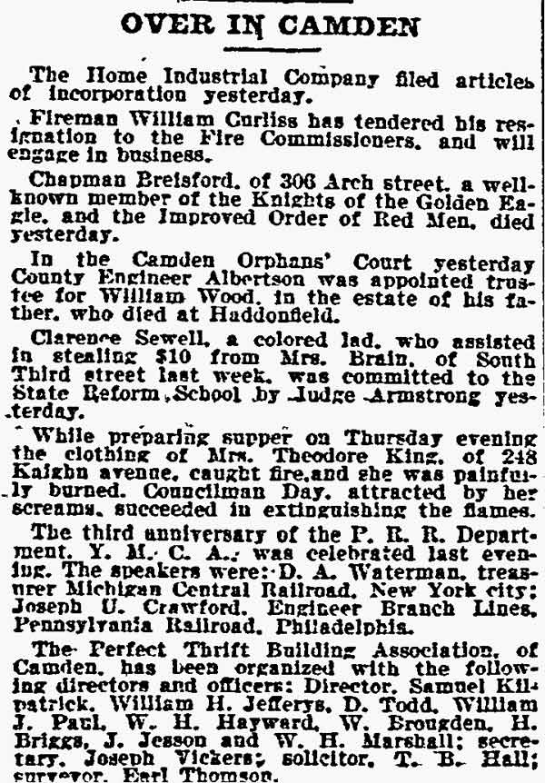 Philadelphia Inquirer clipping, January 14, 1899, reporting on William Curliss leaving the fire department