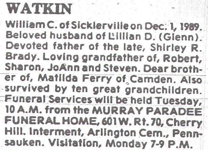 Camden Courier-Post, December 1989, obituary
