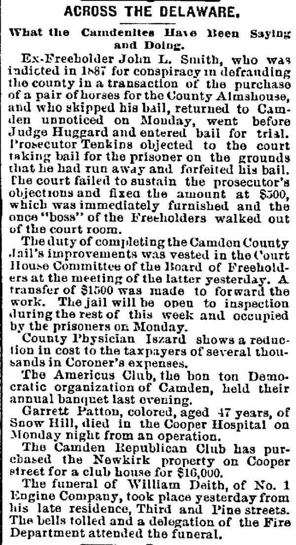Philadelphia Inquirer, February 14, 1889 — Across the Delaware