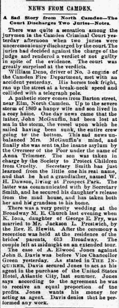 Philadelphia Inquirer article: News from Camden, January 21, 1891