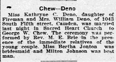 Philadelphia Inquirer wedding notice: Chew-Deno, May 3, 1906