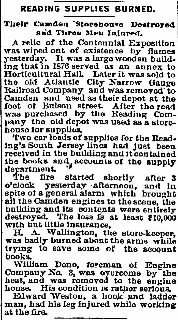Philadelphia Inquirer article: Reading Supplies Burned, July 28, 1892