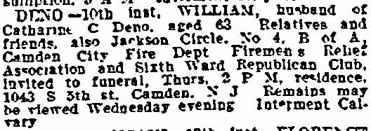 Philadelphia Inquirer death notice for William Deno, August 14, 1912