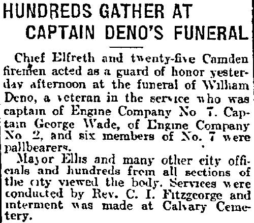 Philadelphia Inquirer article: Hundreds Gather at Captain Deno's Funeral, August 16, 1912