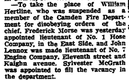 Bridgeton Evening News clipping, March 5, 1913, about William Hertline's suspension