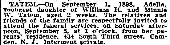 Death notice for Adella Tatem, September 3 1898